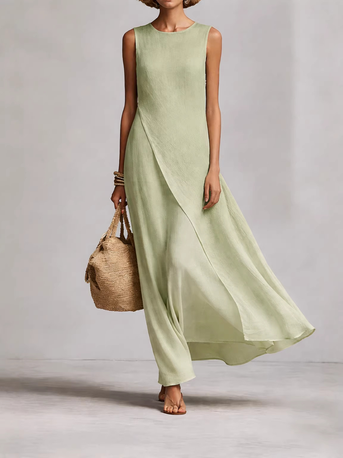 Sleeveless Asymmetrical Hem Cotton-Linen Blend Dress
