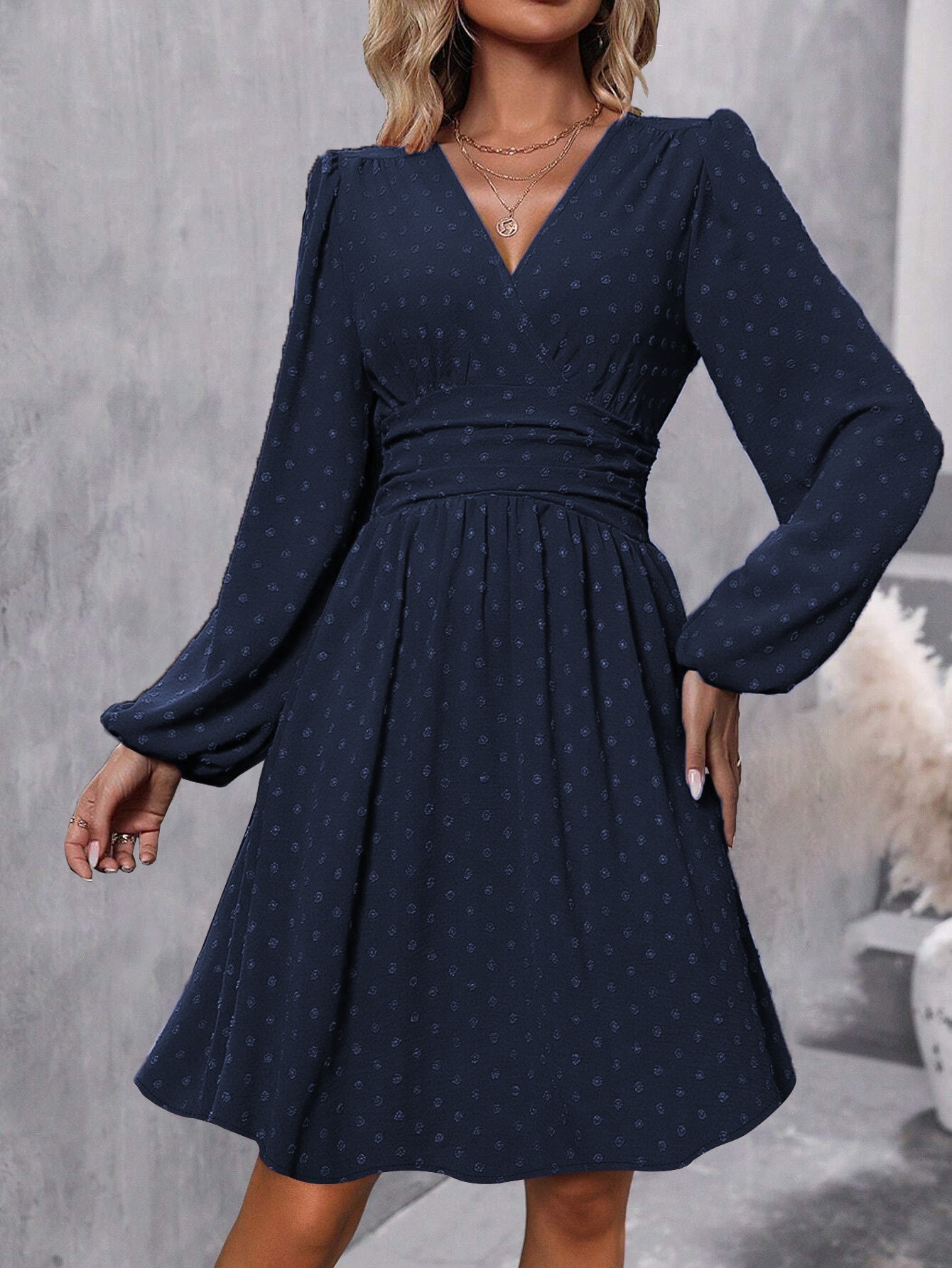 Women's Jacquard V-Neck Lantern Sleeve Smocked Dress