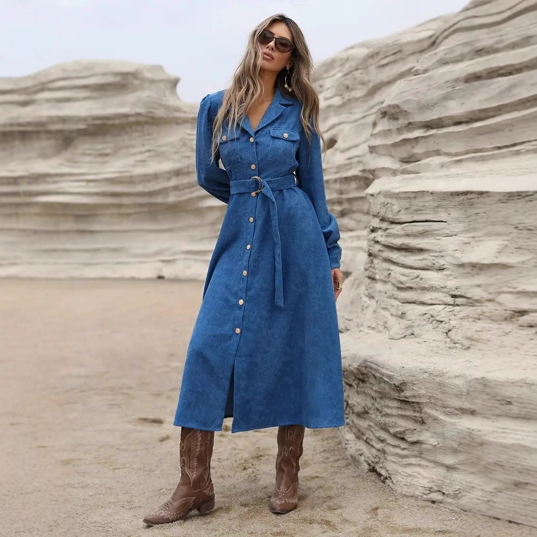 Corduroy Shirt Dress with Belt and Flap Pockets