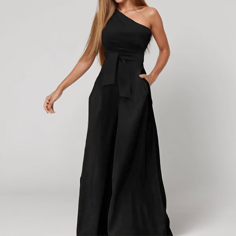 Women's Solid V-Neck Slim Waist Wide-Leg Jumpsuit