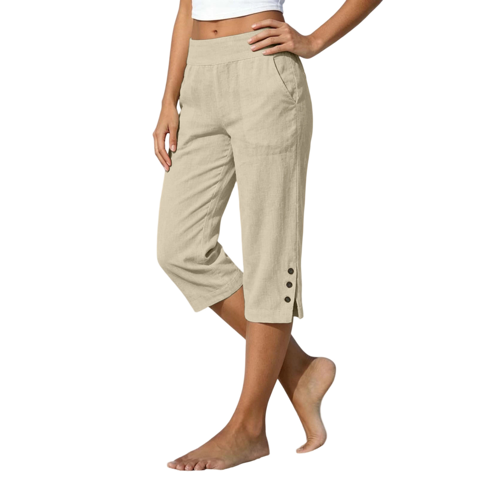 2026 Summer Women's Cotton-Linen Capri Pants High Waist Loose Straight Leg Slit Button Casual Pants Cross-Border Women's