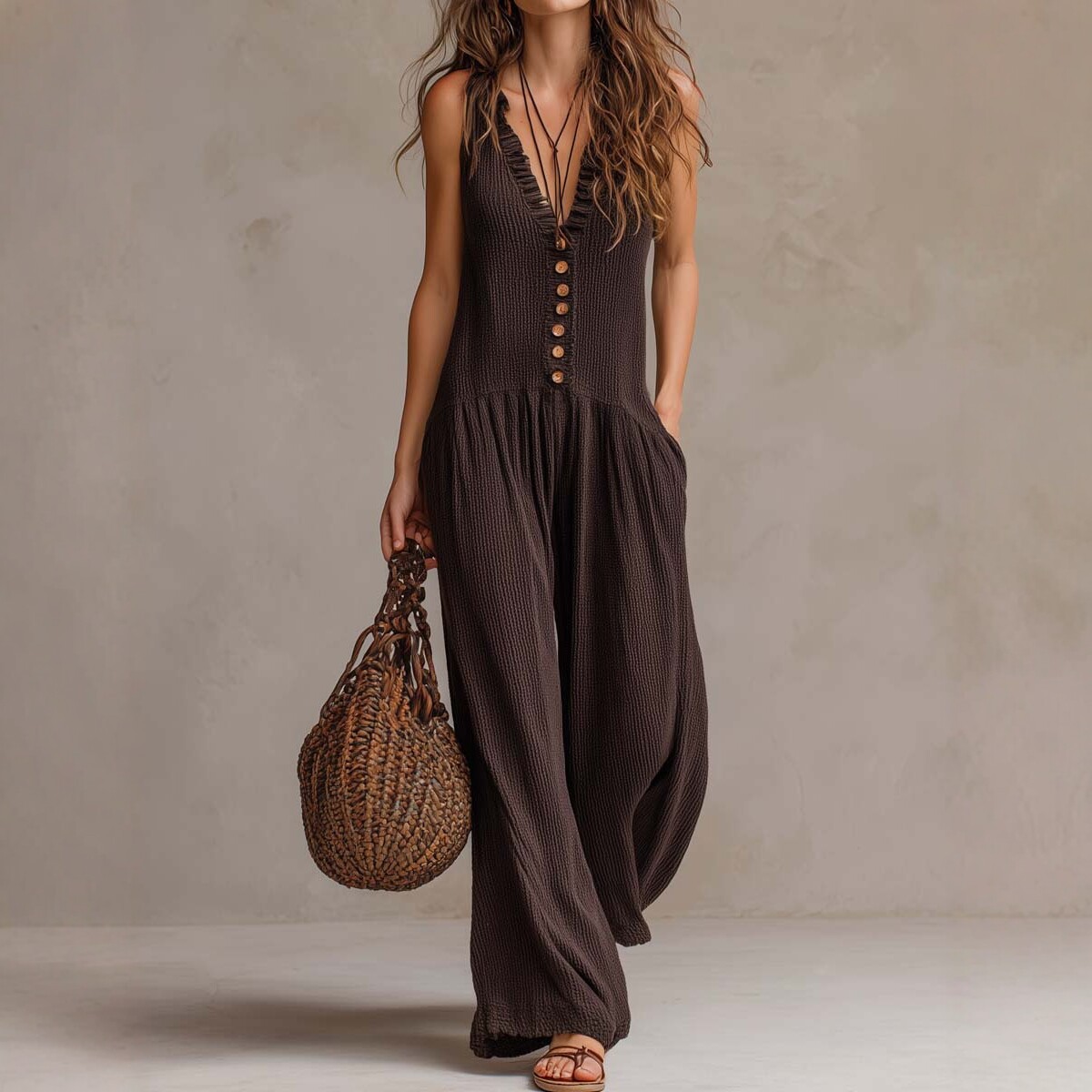 V-Neck Sleeveless Wide-Leg Knit Jumpsuit