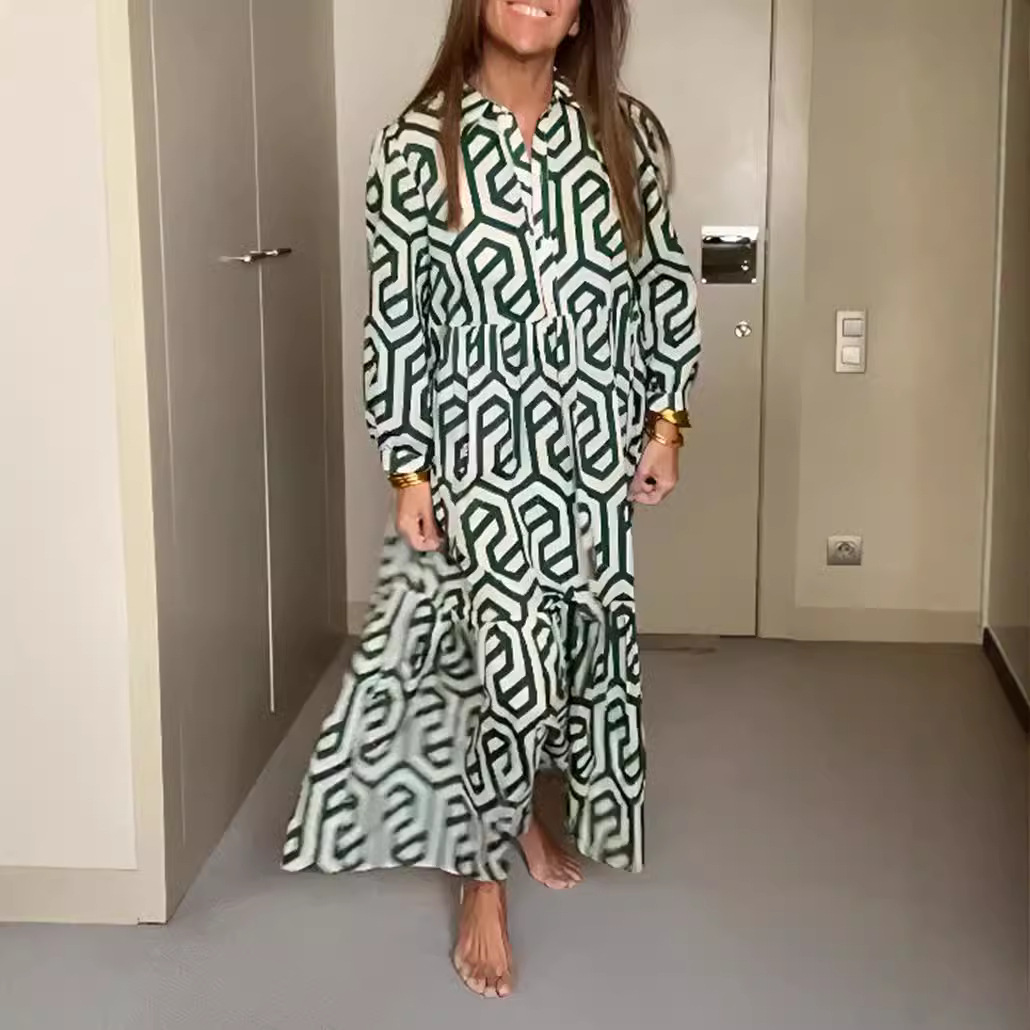 Women's Long Sleeve Collared Printed Shirt Dress
