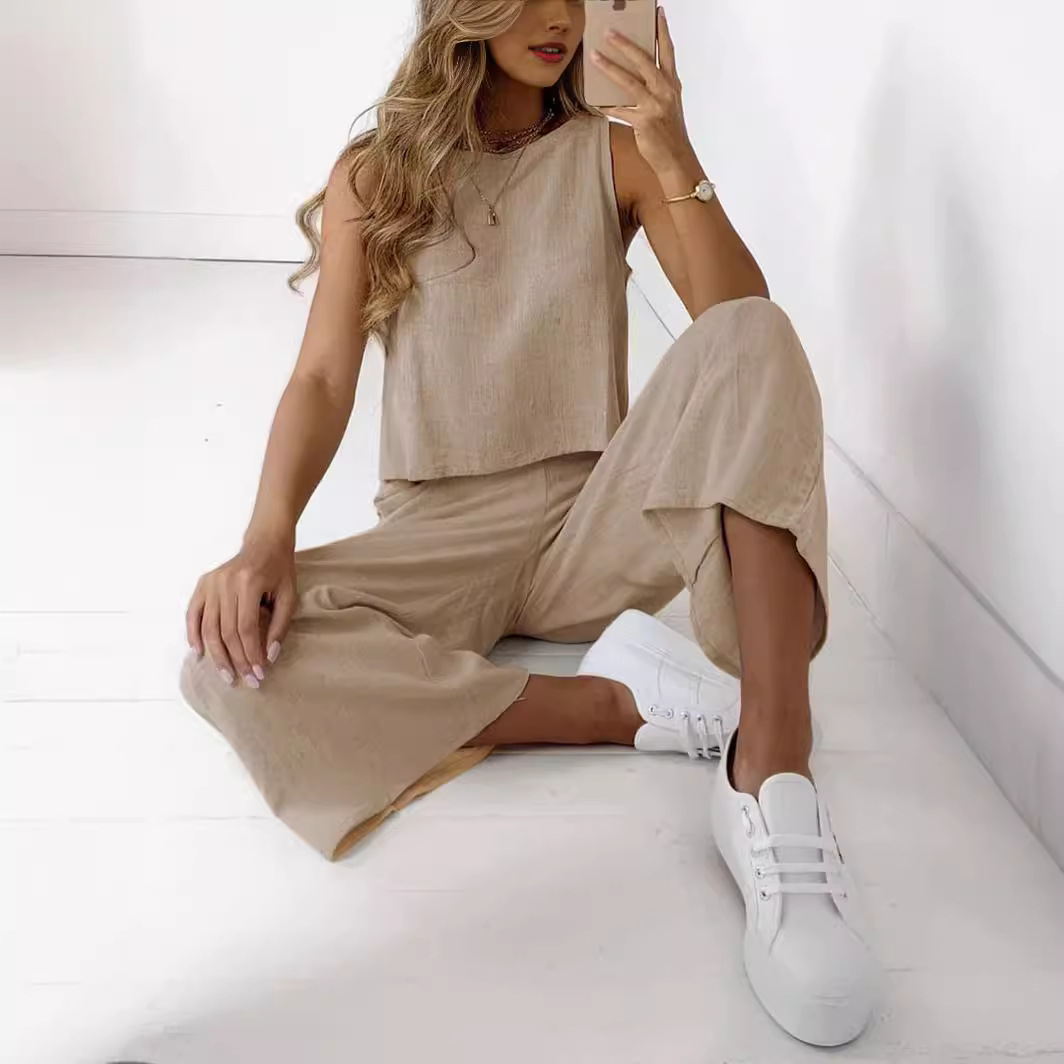 Cotton-Linen Sleeveless Top & Wide-Leg Pants Two-Piece Set