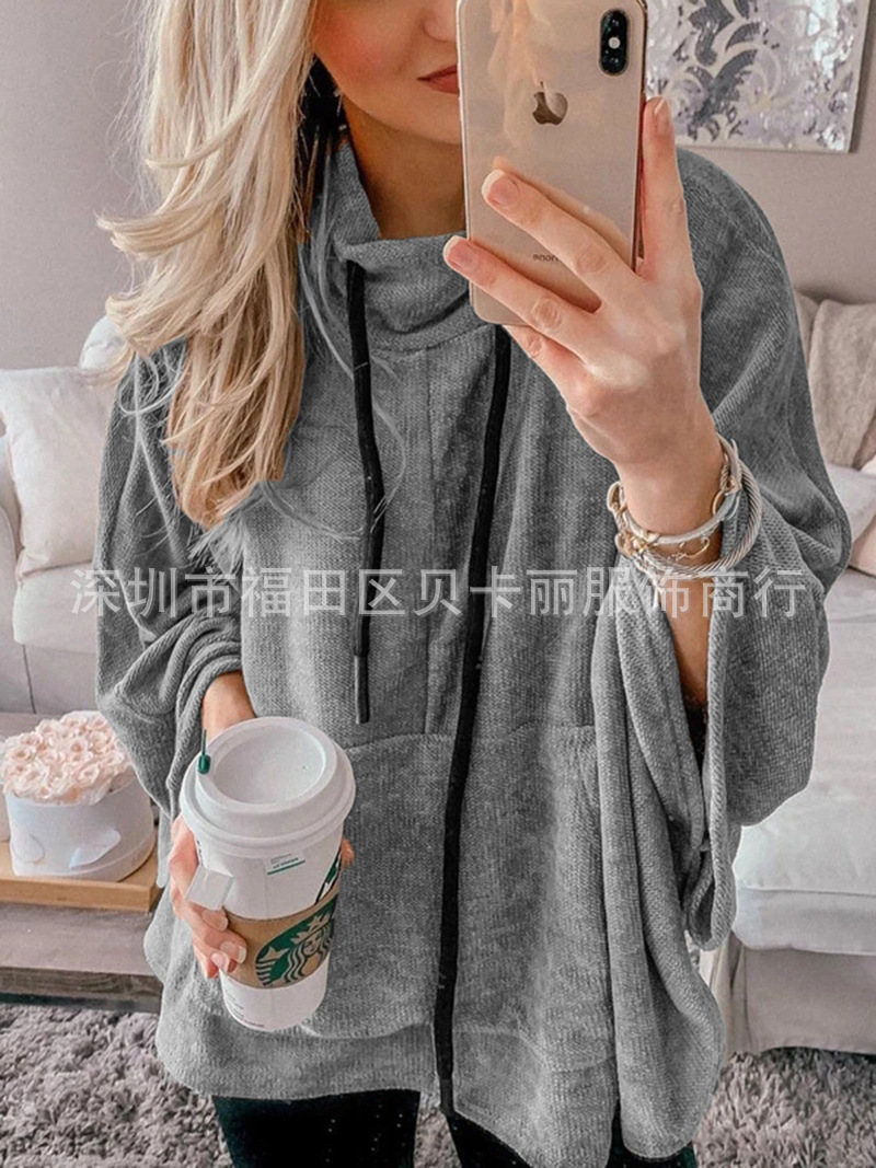 Women's High-Neck Batwing Sleeve Pullover Hoodie