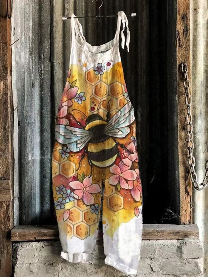 Women's Printed Cotton-Linen Cami Jumpsuit Sleeveless Wide-Leg Beach Romper