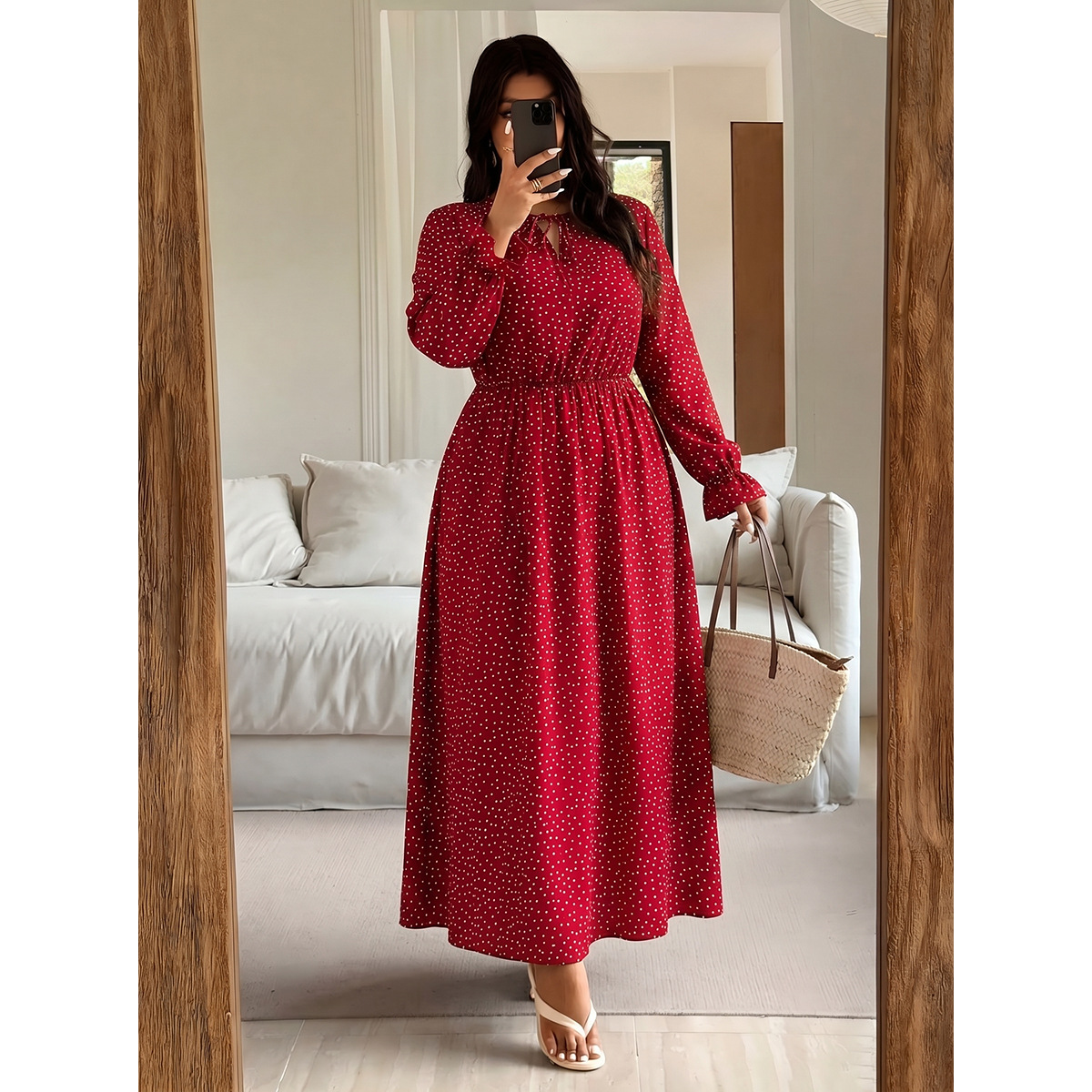 Plus Size Polka Dot V-Neck Tie-Waist Long Sleeve Maxi Dress