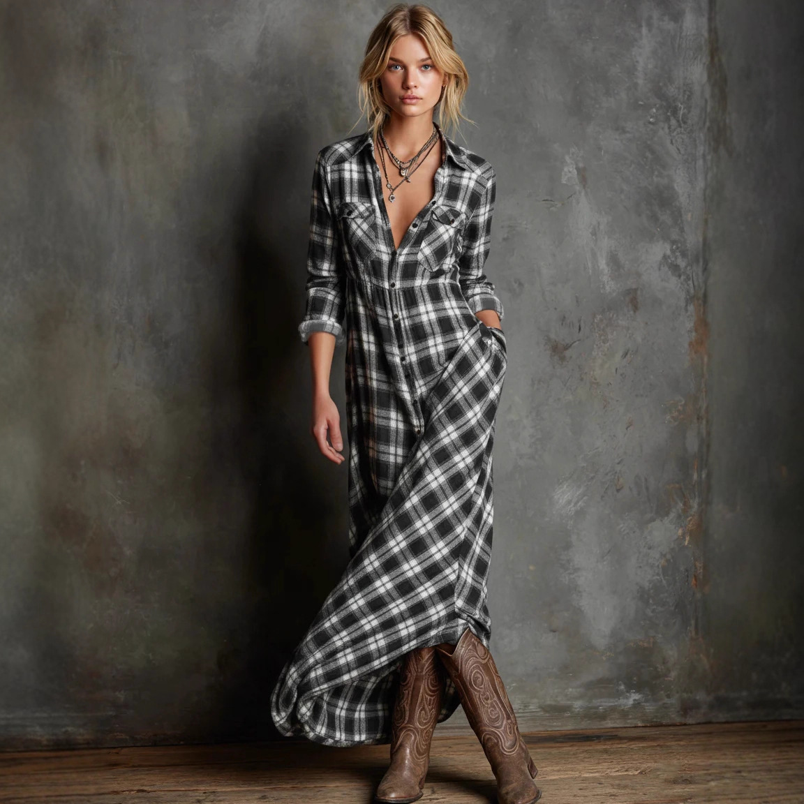 Elegant Long Sleeve Plaid Shirt Dress with Collar
