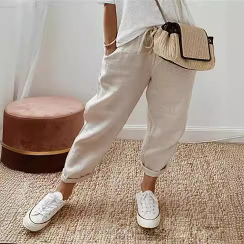 Women's Cotton-Linen Elastic Waist Cropped Pants Casual Loose Fit