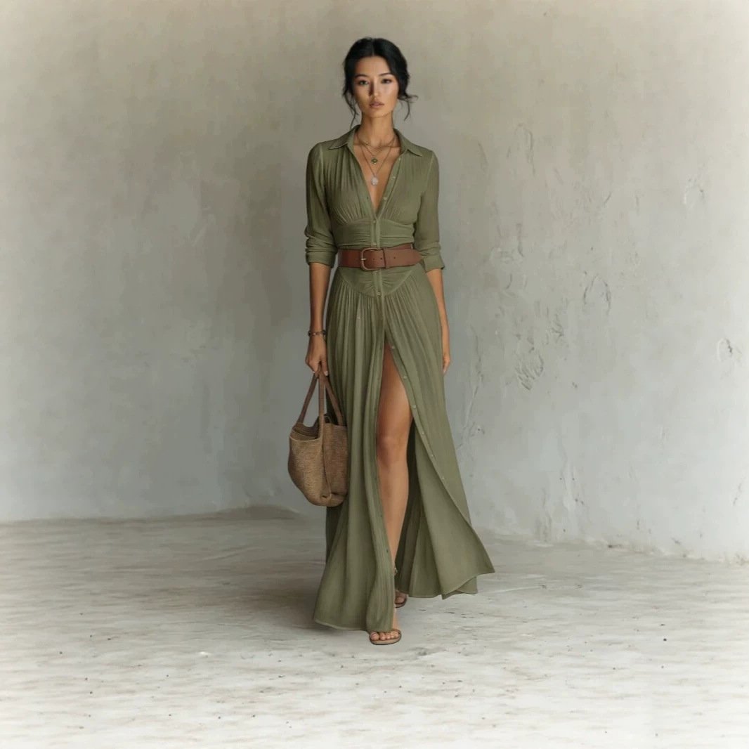 Women's Collared Long Sleeve Shirt Dress High Waist Pleated Split Long Vacation Dress with Belt