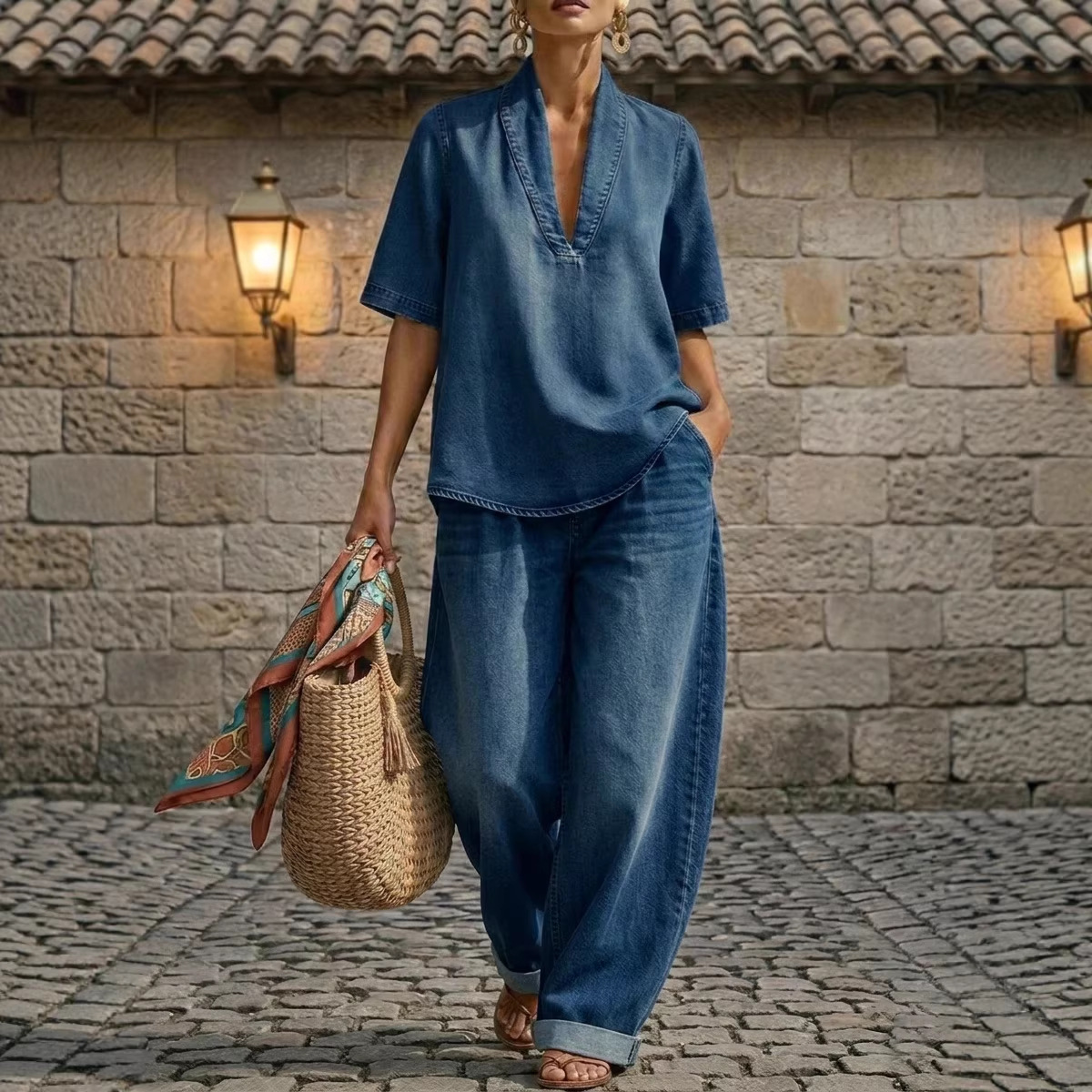 Women's Loose Casual Solid Color Minimalist Denim Two-Piece Set