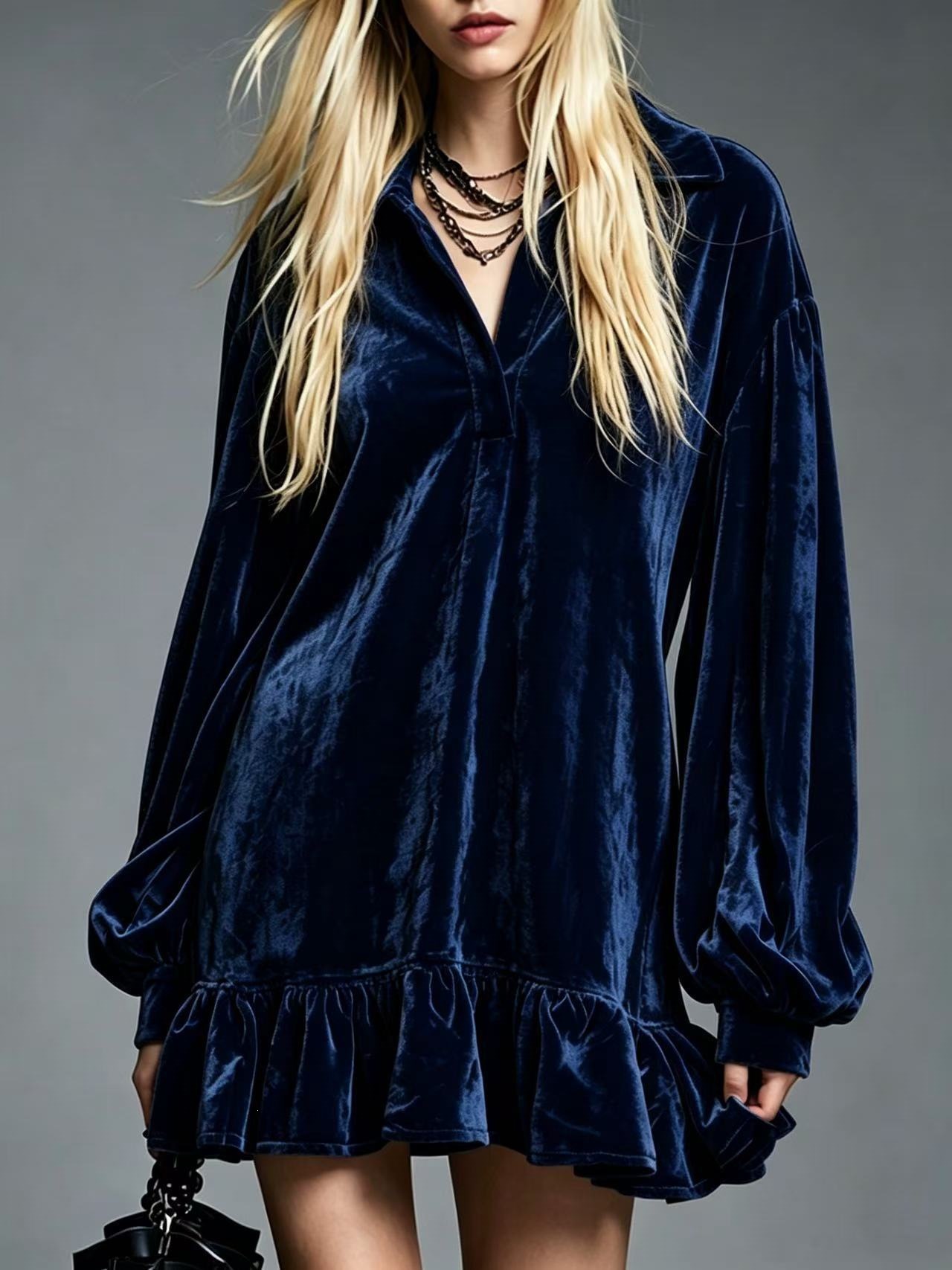 Solid Color French Style Lantern Sleeve Ruffle Collared Shirt Dress