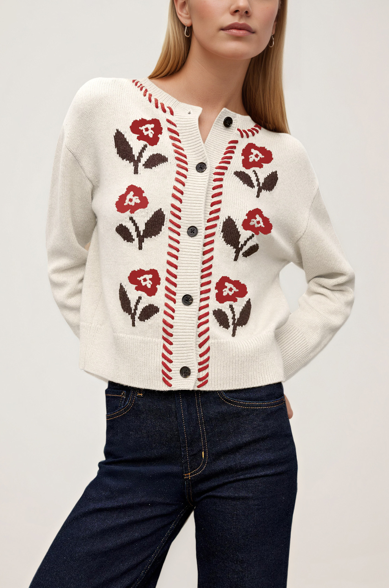 Retro Floral Knit Cardigan Women's Crewneck Button Long Sleeve Sweater