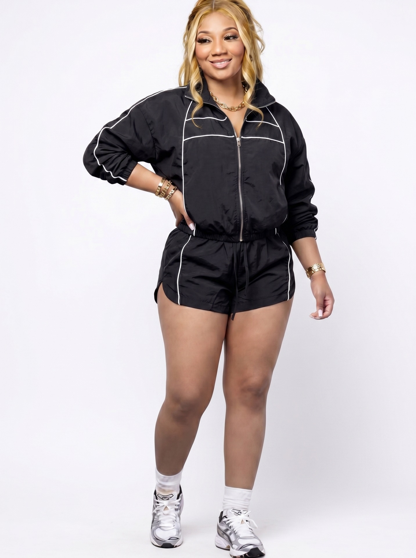 Women's Sexy Long Sleeve Zip Colorblock Ribbon Shorts Two-Piece Set