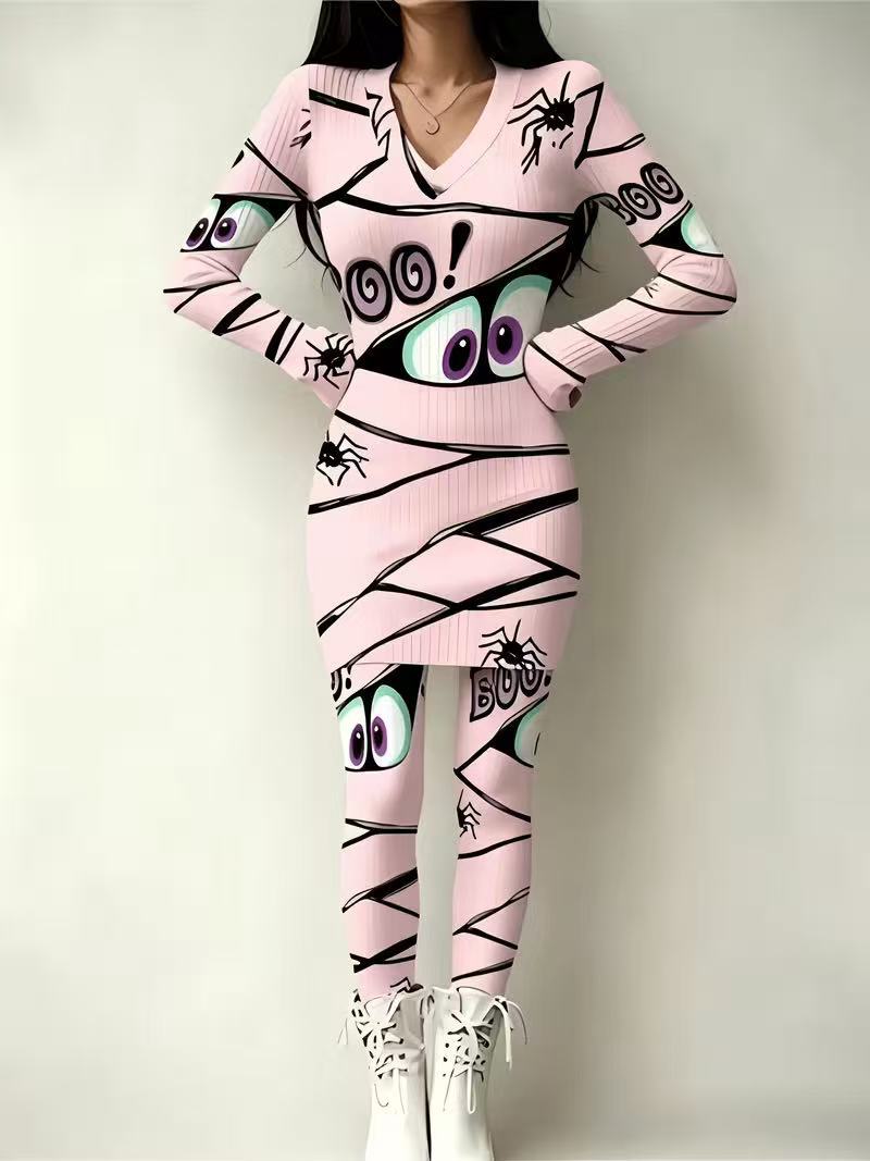 Anime Eye Print Long Sleeve Bodycon Top and Skirt Set