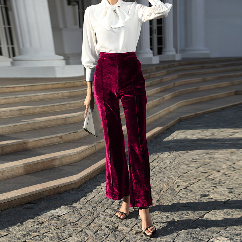 Women's High-Waist Velvet Flare Pants with Patchwork Detail