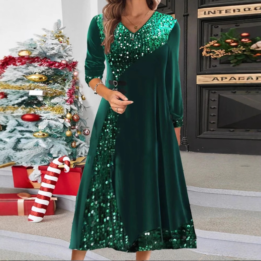 Sequin V-Neck Long Sleeve Midi Dress