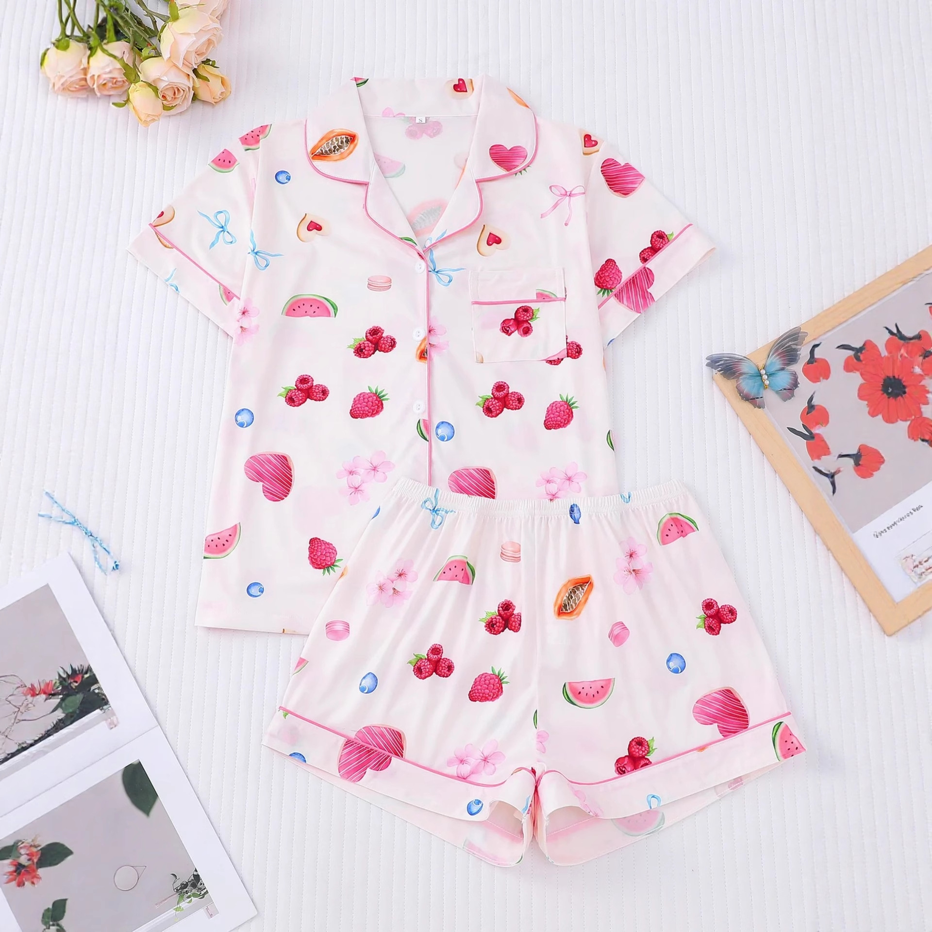 Women's Cuban Collar Fruit Print Shirt Set Casual Loungewear