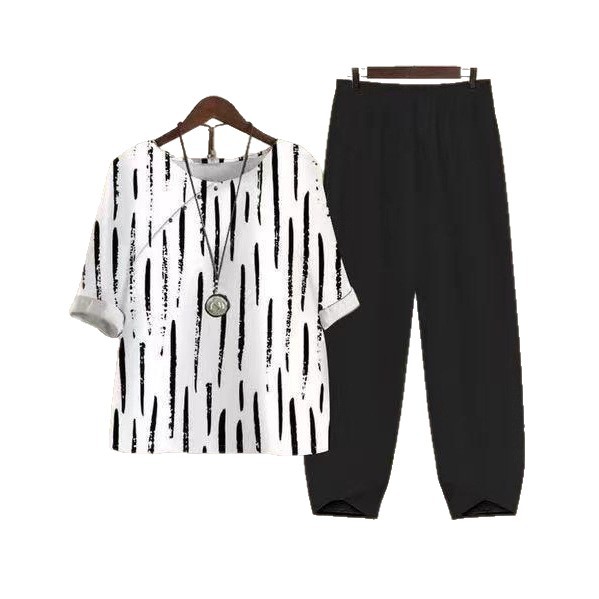 Women's Printed Two-Piece Set with Round Neck Half-Sleeve Top and Loose Pants