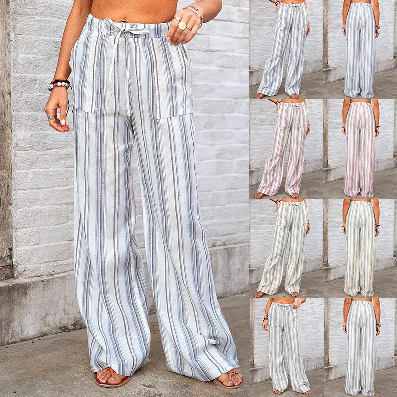 Striped High-Waist Wide-Leg Pants with Drawstring and Pockets