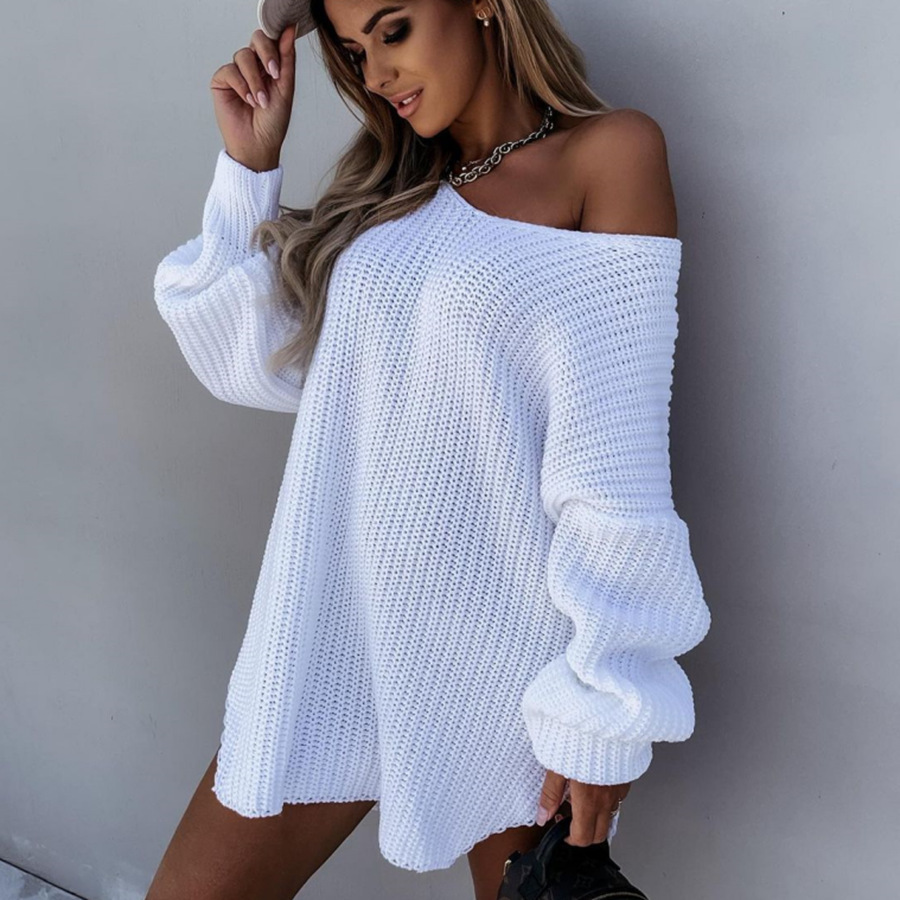 Women's Solid V-Neck Pullover Knit Sweater Loose Fit Split Hem