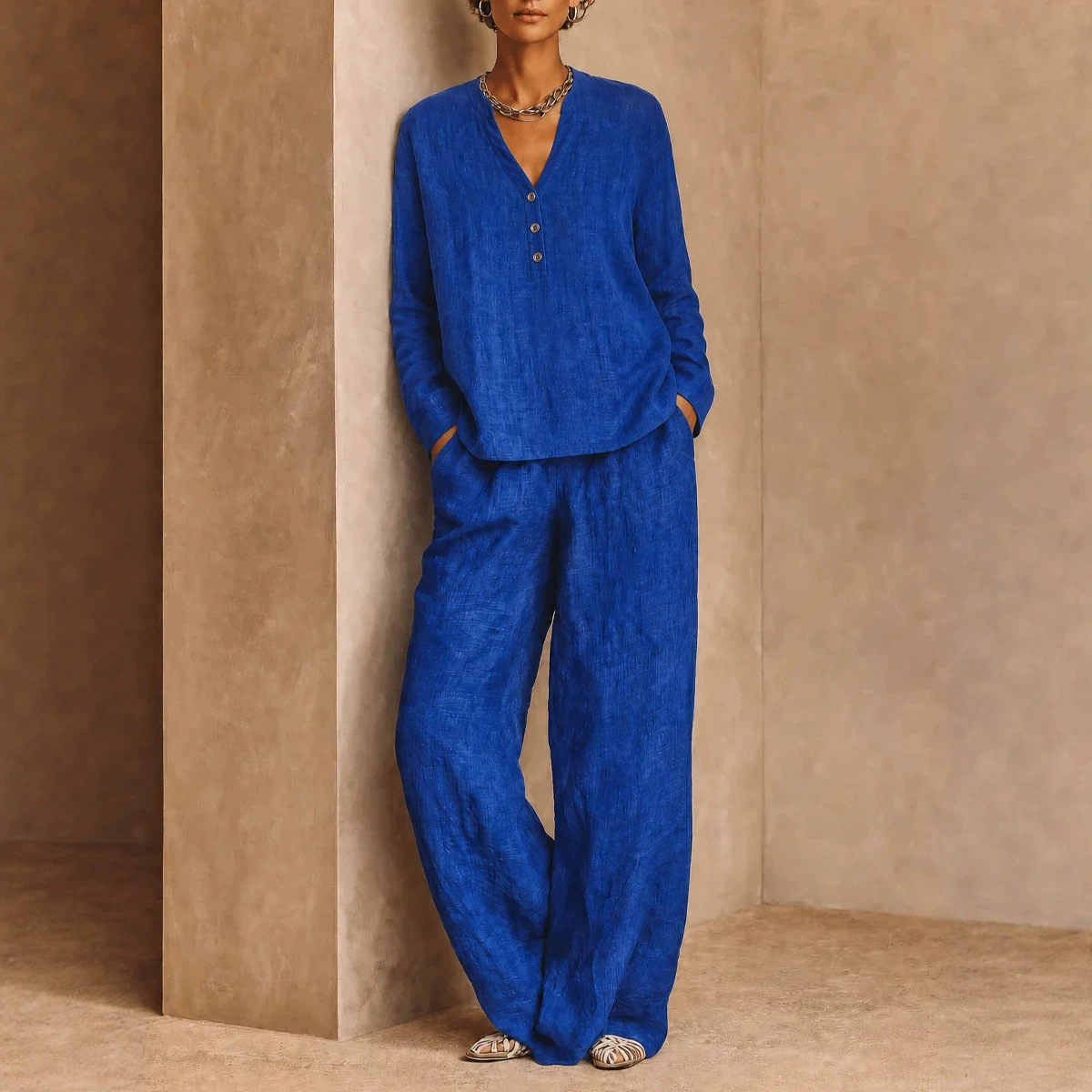 Women's V-Neck Button Solid Long Sleeve Top & Wide-Leg Pants 2-Piece Set