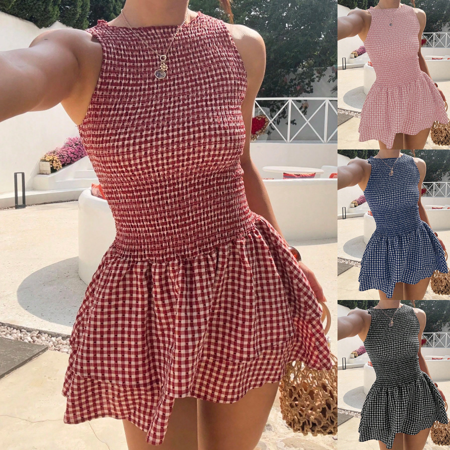 Women's Off-Shoulder Smocked Plaid Sleeveless Puff Dress