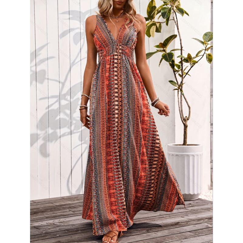 Bohemian Deep V-Neck Printed Cami Maxi Dress
