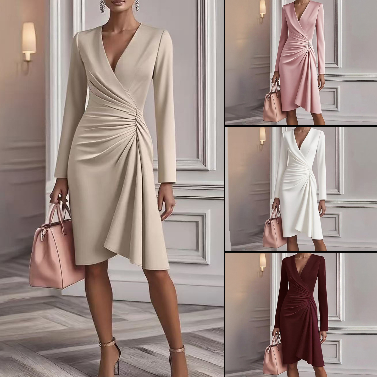 Women's Slim Fit Bodycon Dress with Long Sleeves and V Pleated Design