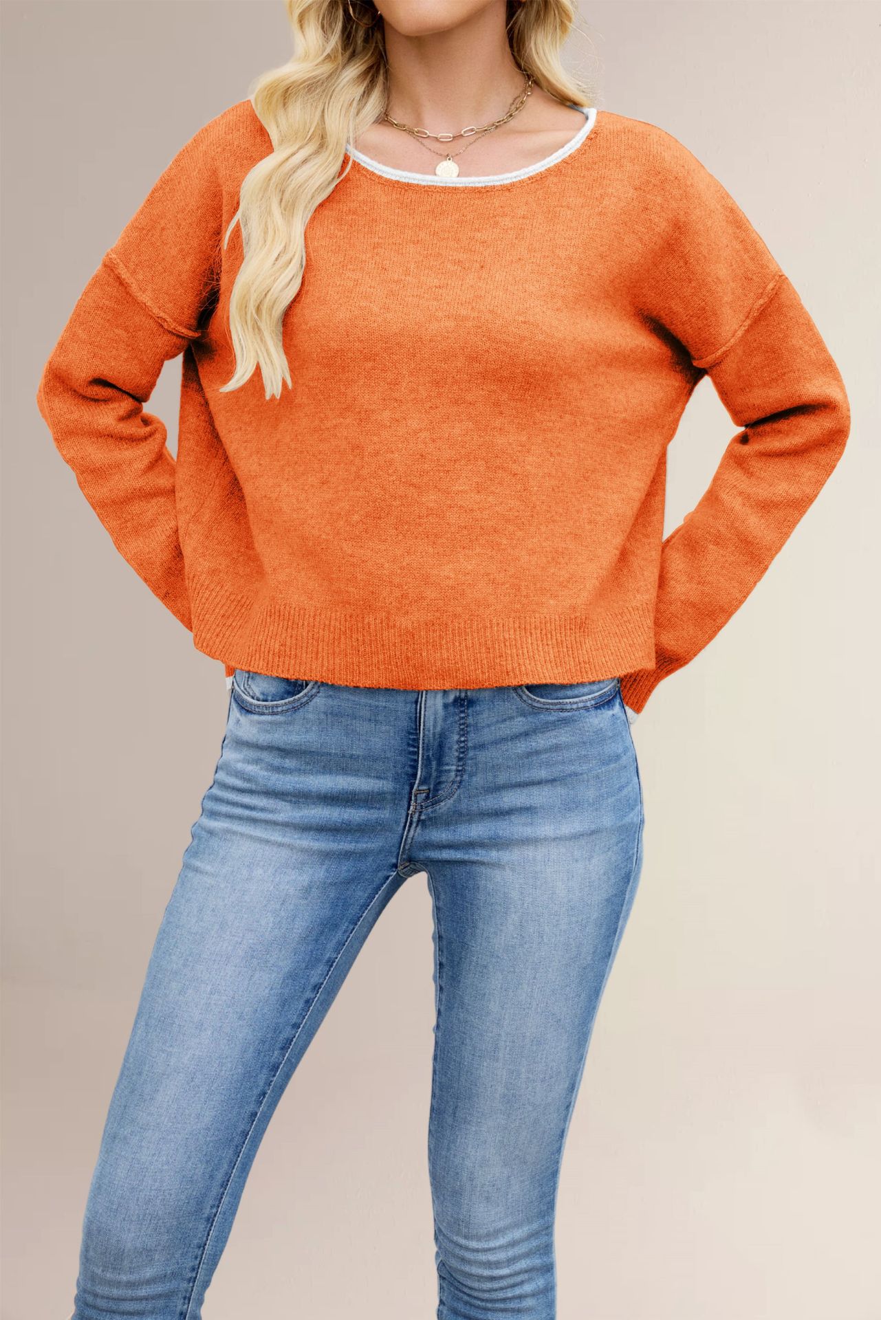 Women's Color-Block Crewneck Knit Sweater Loose Pullover