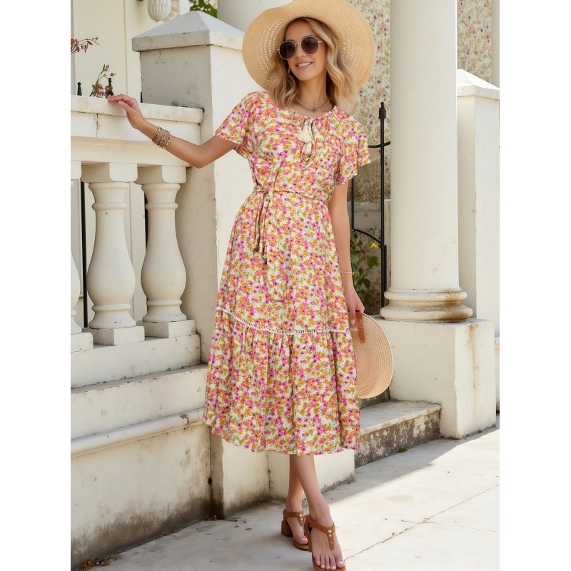 Floral Print Cutout Lace Ruffle Short Sleeve Dress