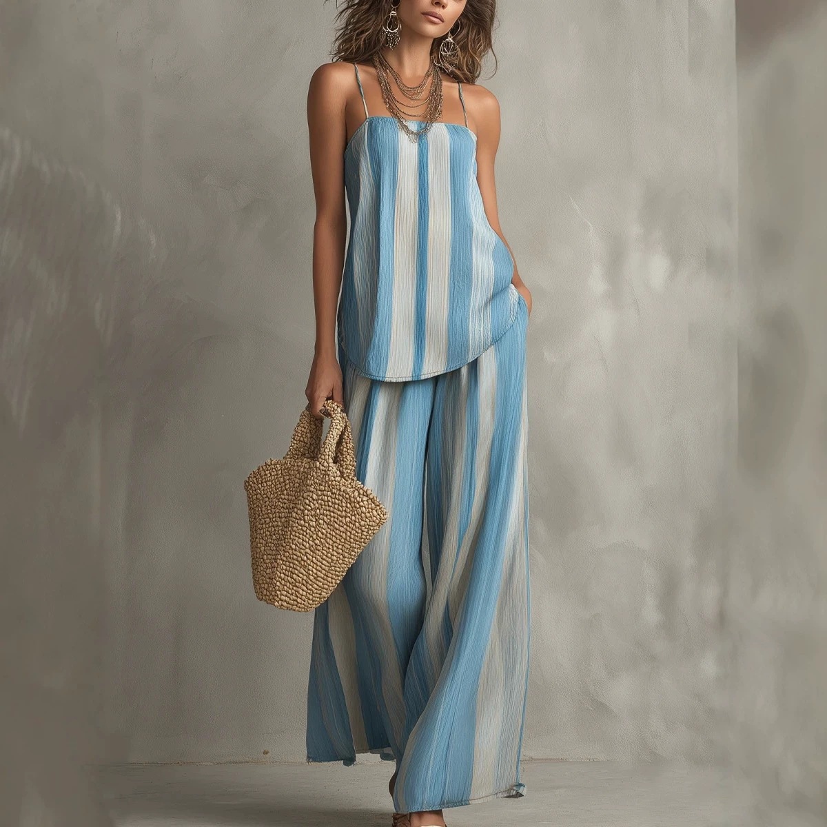 Striped Textured Cami & Wide-Leg Pants Set
