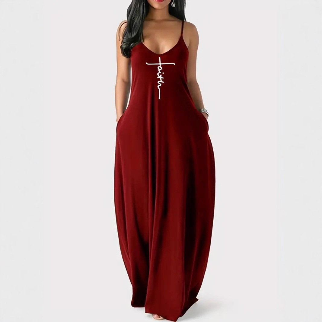Women's Floral Print V-Neck Cami Maxi Dress with Full Skirt