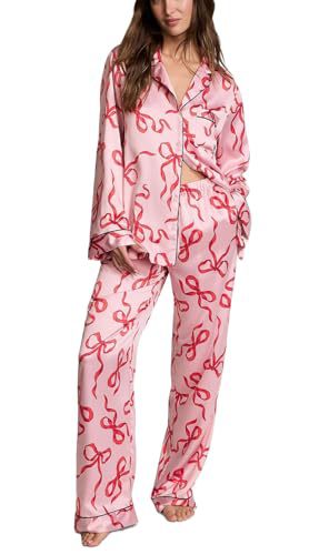 Cuban Collar Bow Ribbon Print Long Sleeve Women's Set