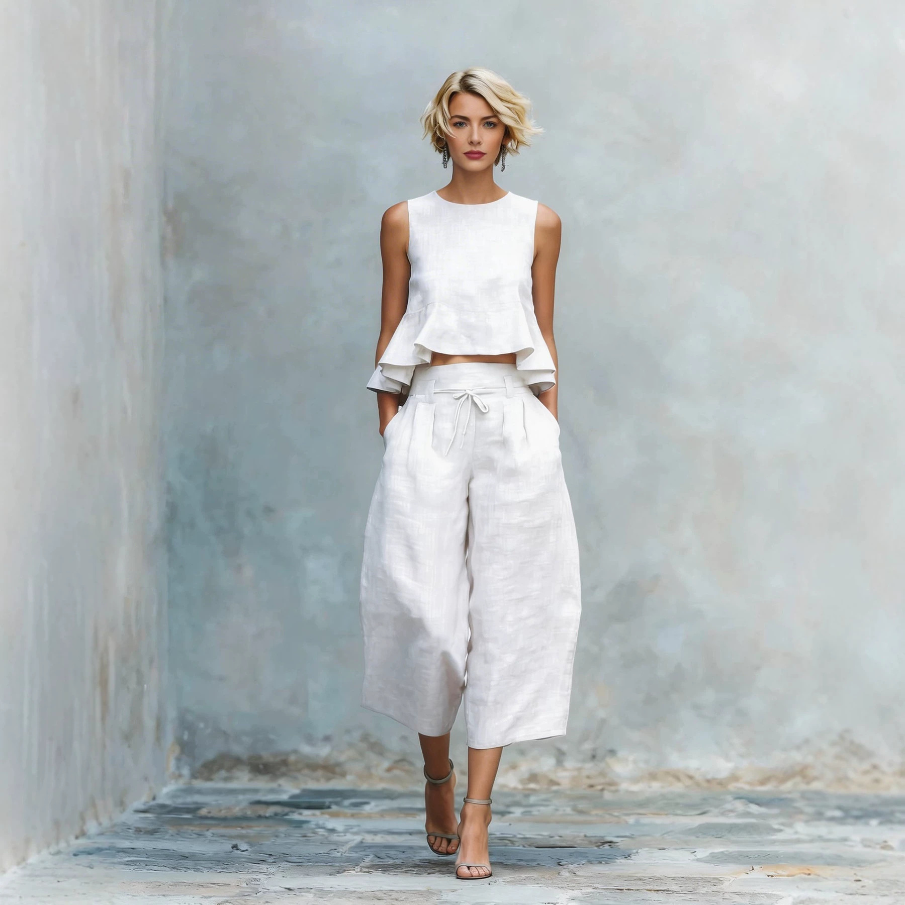 Women's Sleeveless Linen Two-Piece Set with Ruffle Detail