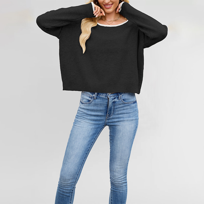 Women's Color-Block Crewneck Knit Sweater Loose Pullover
