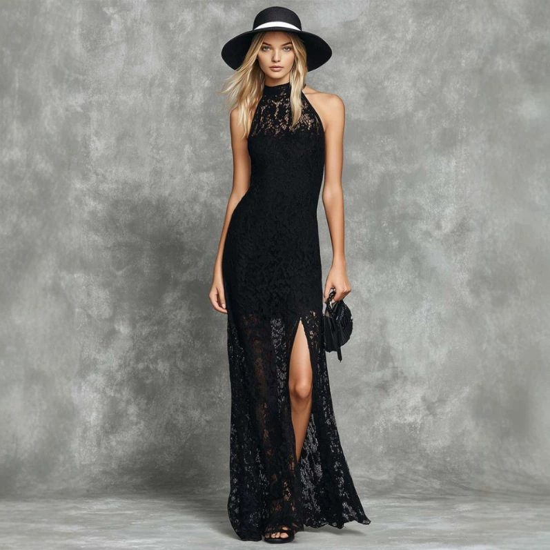 Elegant Vintage Black Lace High-Slit Long Dress