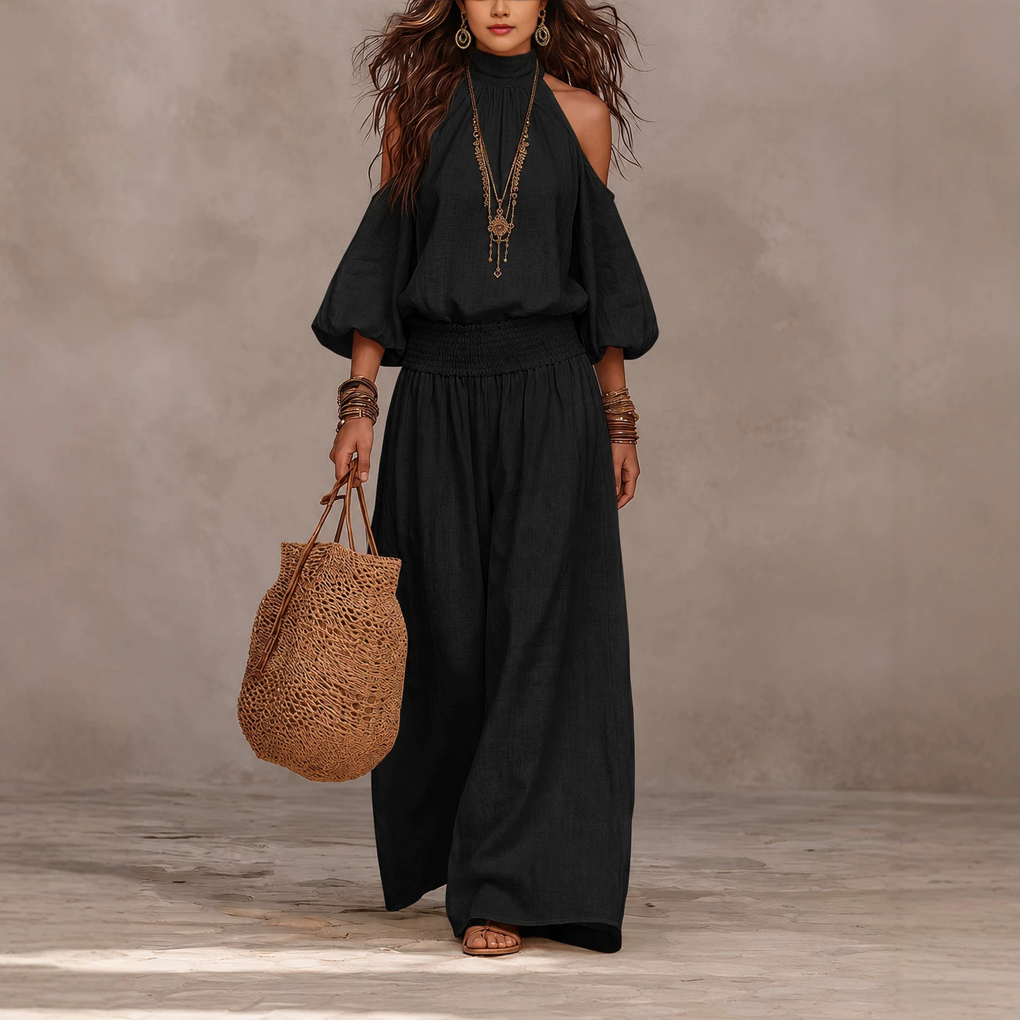 Women's Casual Loose Long Sleeve Cutout Top and Smocked Pants Two-Piece Set