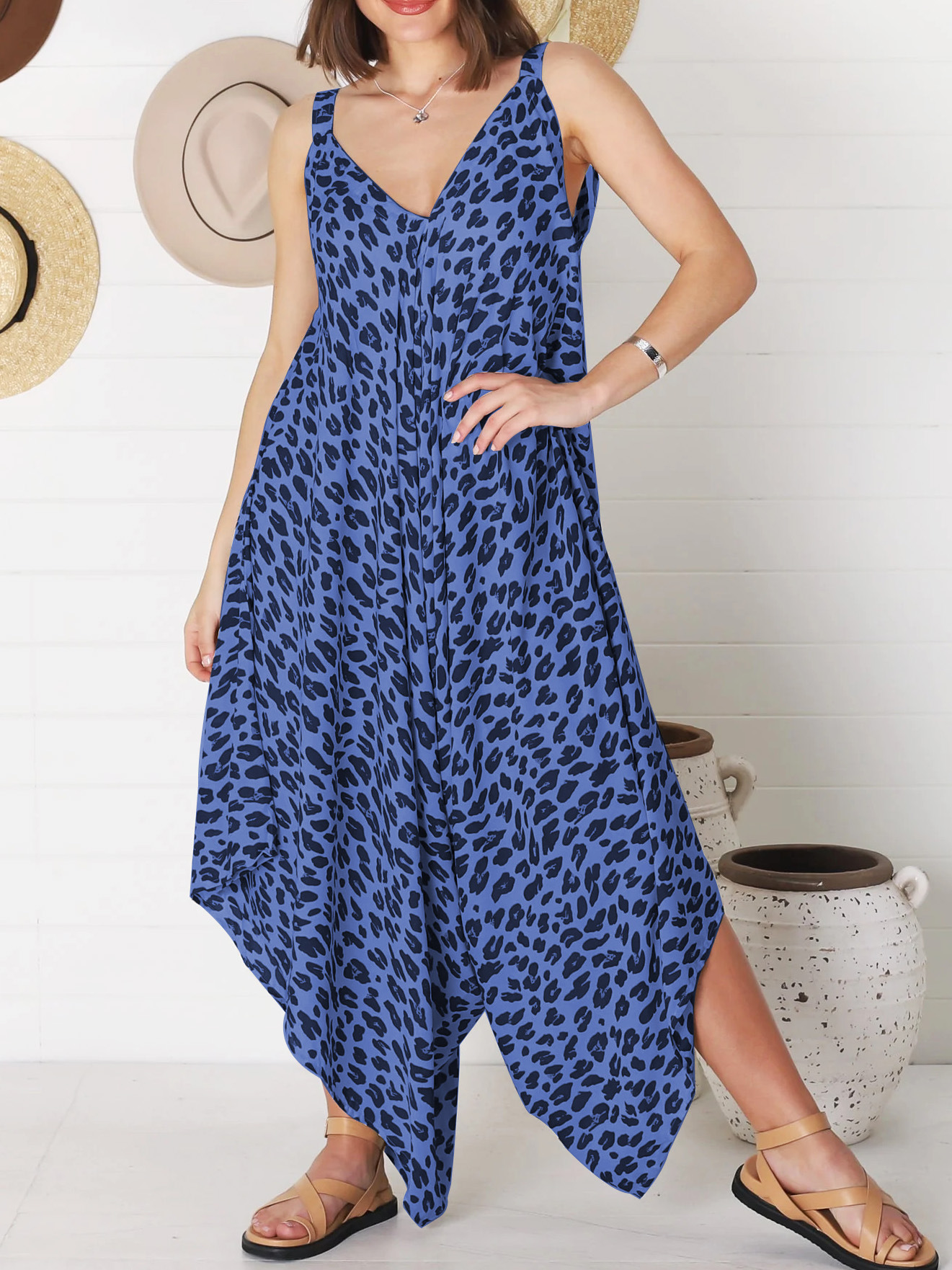 Women's Leopard Print Sleeveless Wide-Leg Jumpsuit