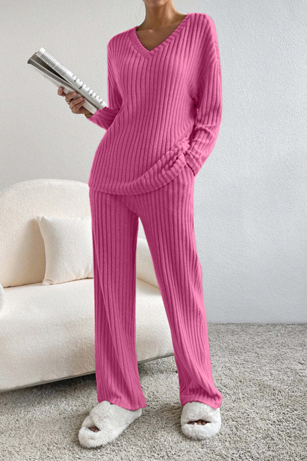 Women's Casual Straight-Leg Ribbed V-Neck Pant Set