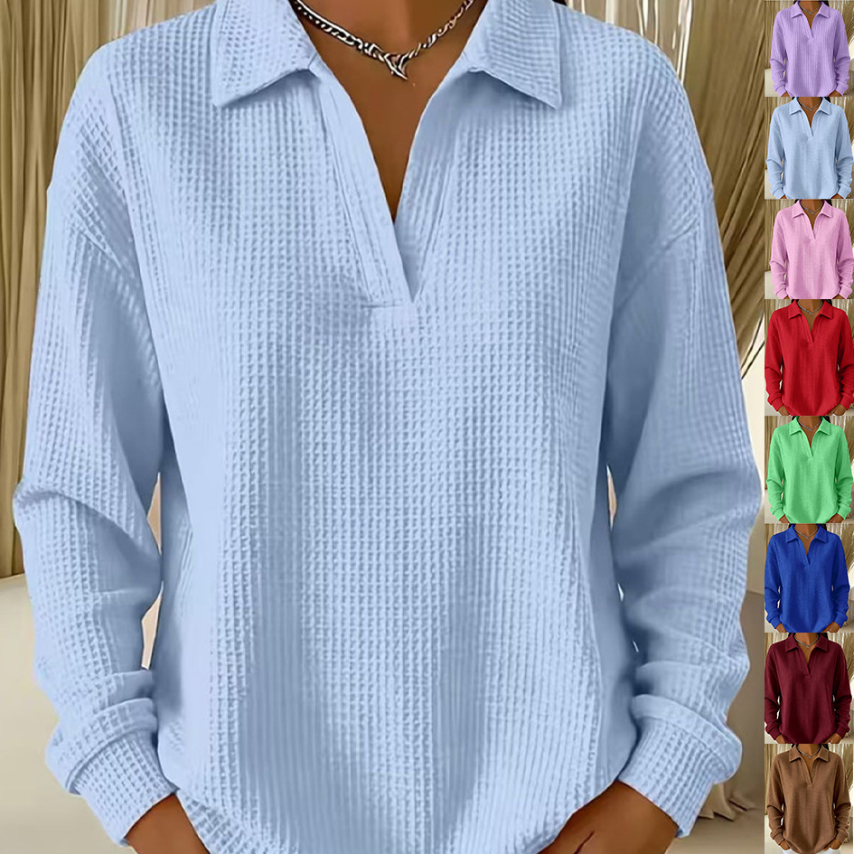 Waffle Knit V-Neck Pullover Top with Collar and Drop Shoulders