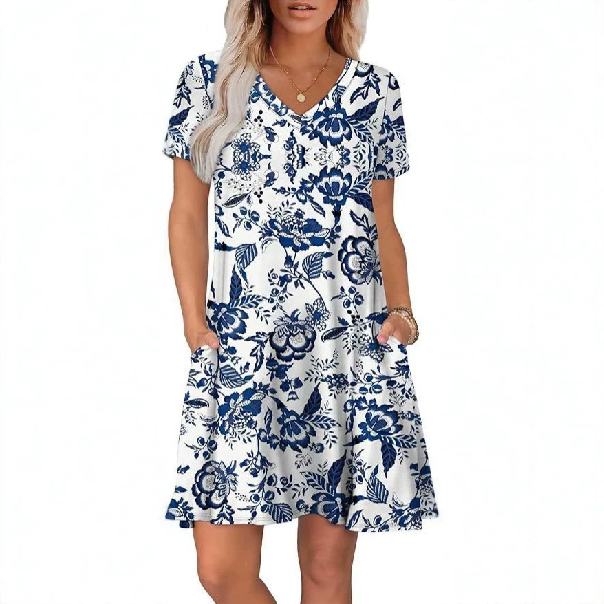Women's Casual Loose A-Line Midi Dress with Ruffle Neck and Puff Sleeves, Floral Print Beach Vacation Dress