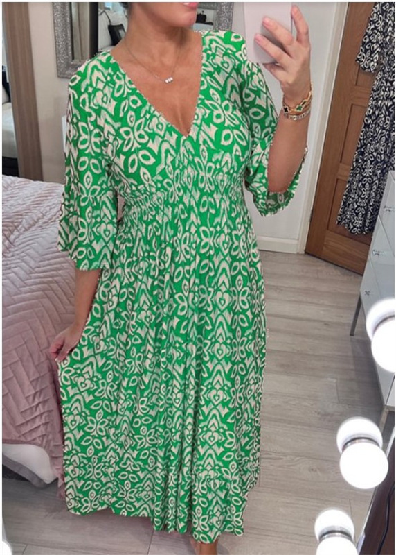 Women's V-Neck Floral Print Loose Long Beach Dress