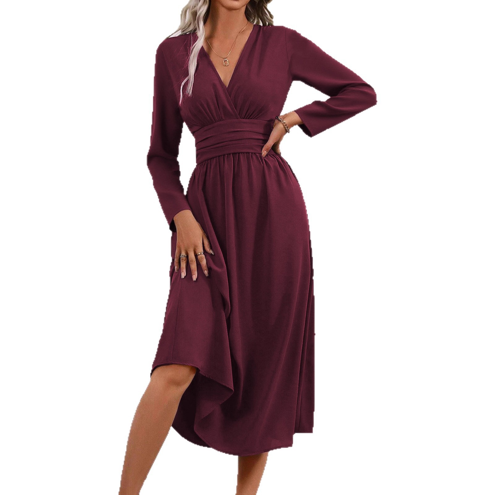 Women's Solid Overlap V-Neck Long Sleeve Ruched Waist Long Dress