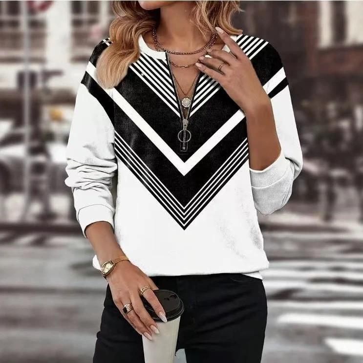 Women's Half-Zip Colorblock Striped Long-Sleeve Sweatshirt
