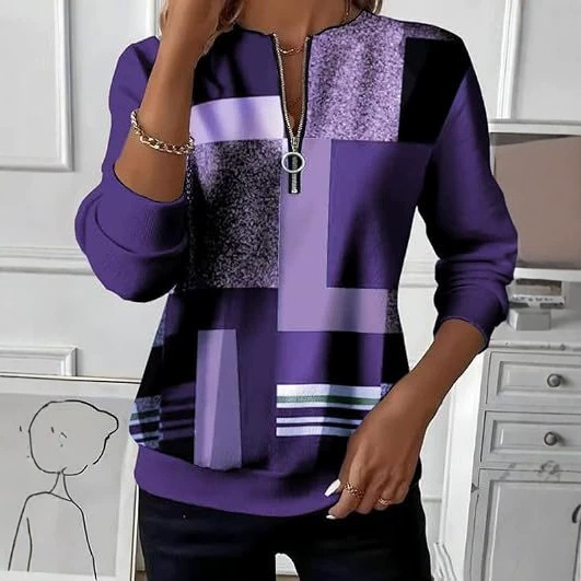 Retro Plaid Colorblock Print Half-Zip Hoodie for Women