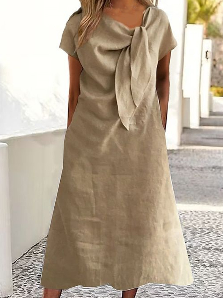 Women's Elegant Tie Print Midi Dress Short Sleeve Slim Fit