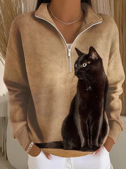 Cat & Moon Print Half-Zip Hoodie for Women