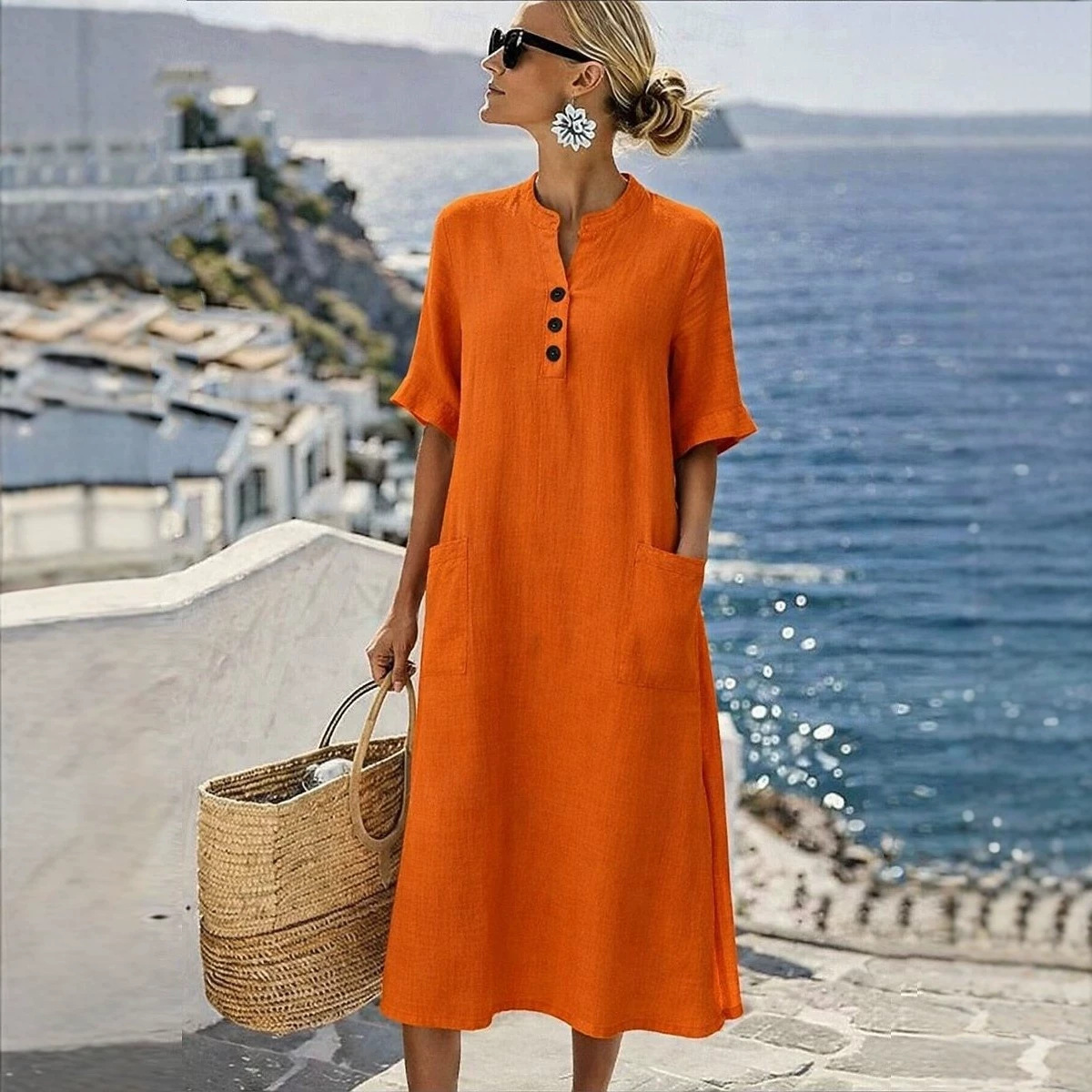Women's Stand Collar Button Short Sleeve Pocket Midi Dress
