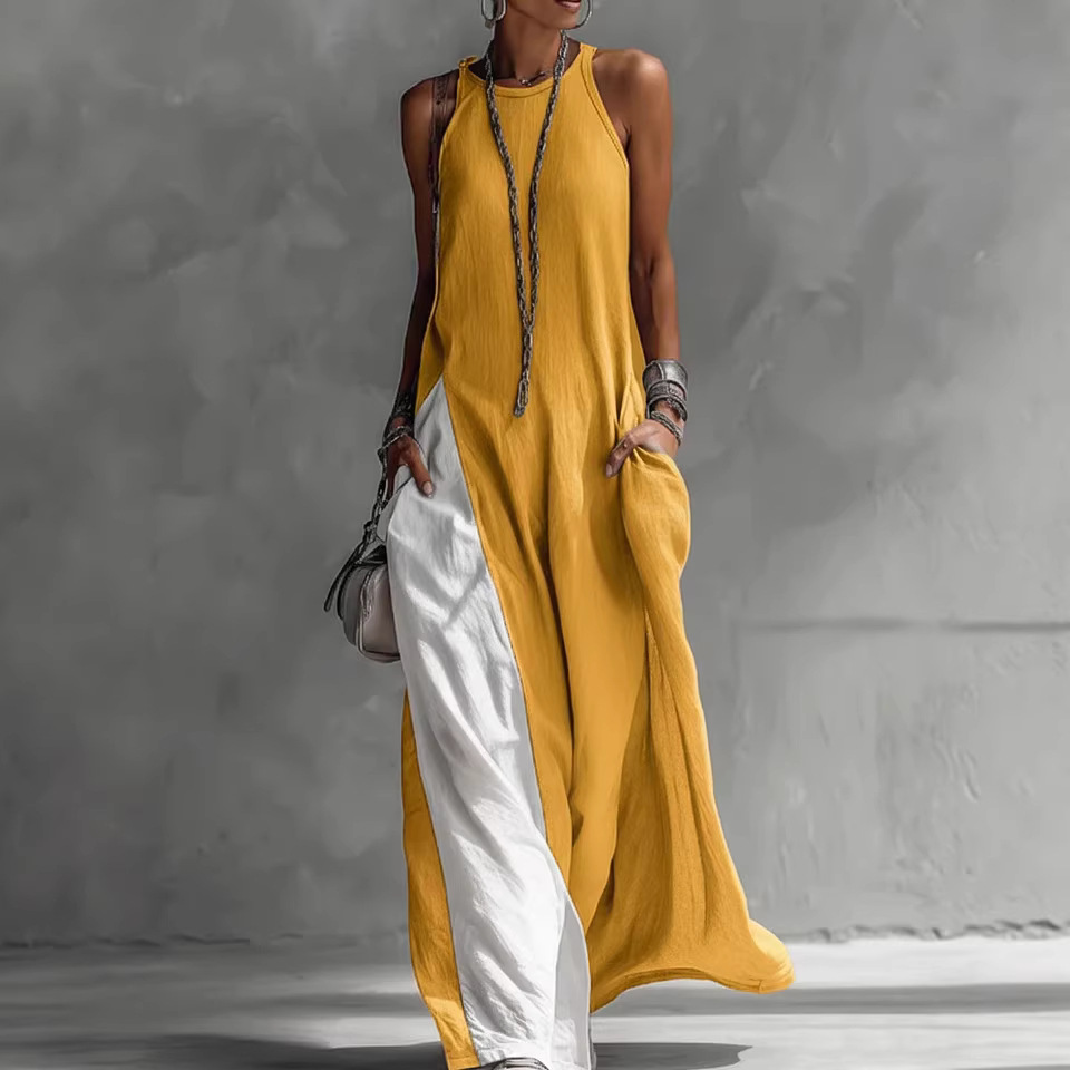 Women's Sleeveless Off-Shoulder Colorblock Maxi Dress with Pockets